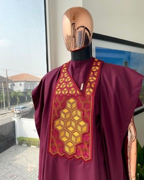 A wine, precision 3D imagery embroidery agbada, short sleeve kaftan &amp; sokoto