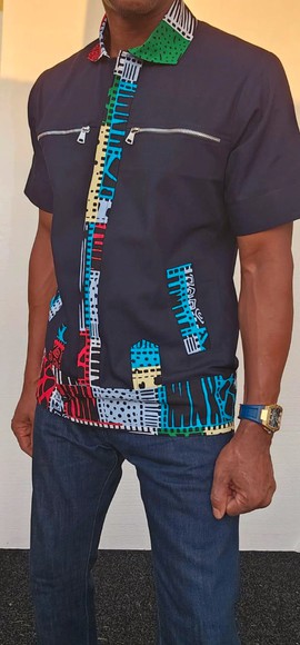 Men's Black Ankara Accent Shirt with Zipper Pockets