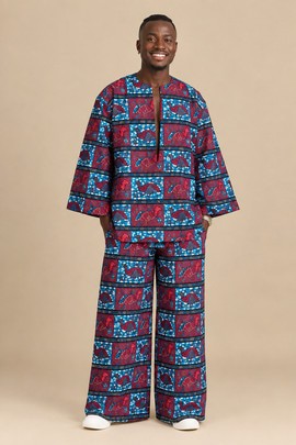 Men’s African Print Two-Piece Kaftan Top and Wide-Leg Trousers Set