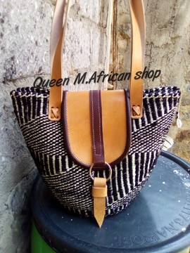 African women beach/outdoor bag 2021/sisal/black and white/leather