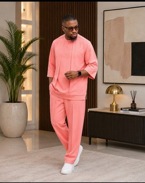 Ensemble en tissu Senator rose corail pour homme – Haut et pantalon coupe décontractée, deux pièces