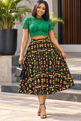 Royal Ankara Green Print Women's Midi Skirt With Pockets | Green Ankara Midi Skirt | Bynelo