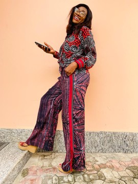 Chiffon button down shirt on Adire pants