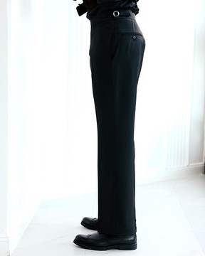 A Charcoal Black High-Waist, Trumpet-Cut Details Pant With Side Metal Adjuster.