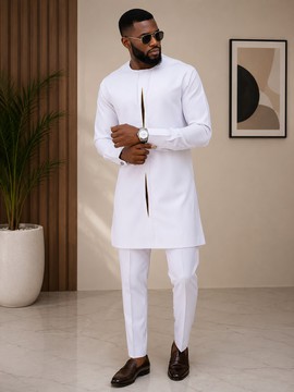 Men's White Senator Wear – Long Sleeve Native Top with Front Slit Detail &amp; Trouser Set