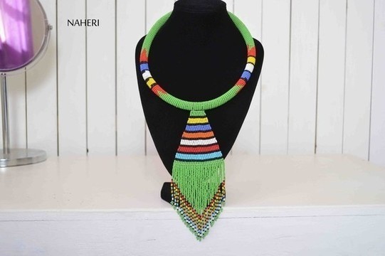 African Maasai Green Necklace | Zulu Inspired Beaded Necklace | Green Tribal Pendant Jewelry