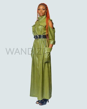 Robe longue de style militaire avec épaulette, robe longue avec fermeture éclair, caftan en polyester