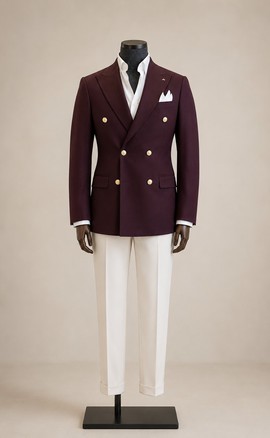 Veste de costume bordeaux croisée pour homme – Veste en tissu de costume bordeaux et pantalon crème