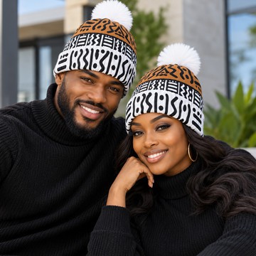Kuba Print Knitted Hat With Pom-Pom Unisex | African Winter Fashion | Bynelo