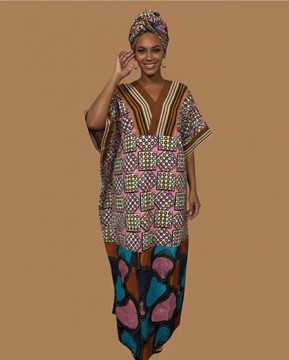 Vibrant African Print Kaftan Dress with Matching Headwrap – Colorful Ankara Maxi Gown for Women