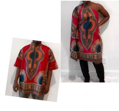African Print Ankara Red Multicolor Dashiki Print Men's Shirt and Women's Midi Dress Couple Set