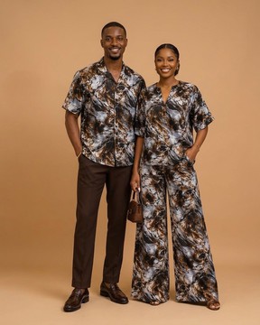 Ensemble assorti deux pièces pour couple, imprimé batik marbré aux tons terreux