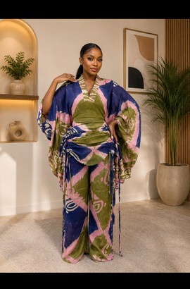 Women's Blue, Green &amp; Pink Tie-Dye Print Kimono &amp; Wide-Leg Pants Set – Ruched Batwing 2-Piece