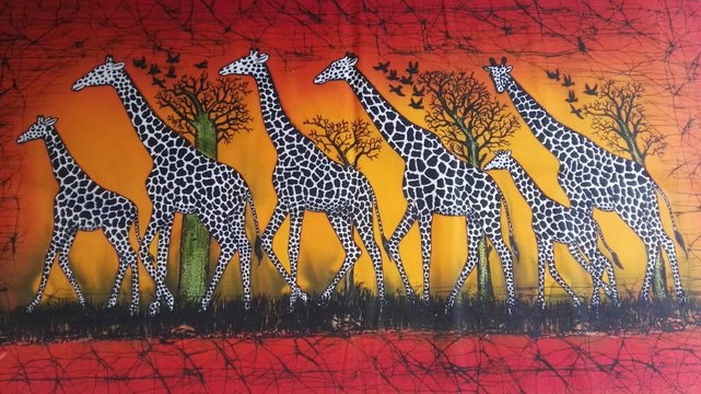 Giraffe in candle wax batik, Handmade Wall Hanging with wild animals,  Giraffe wall art