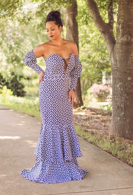 African Print Ankara Black and White Ruffle Maxi Dress