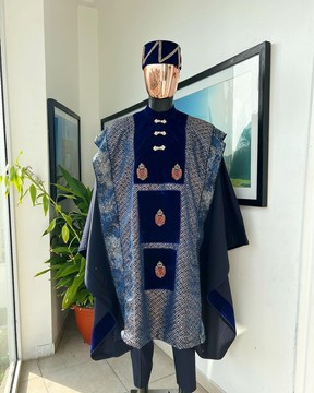 A “krosscut” layered, minted Gold, Skye, navy &amp; admiral blue mix metallic jacquard front cut Agbada,