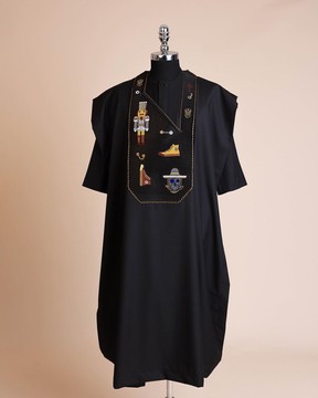 A Charcoal black, all stars, skull, bearded sailor &amp; pastel nutcracker wire embroidery Agbada