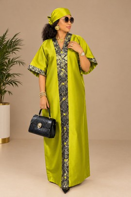 Women’s Lime Green Ankara Kaftan Dress with Black Gold Print, with Matching Headwrap