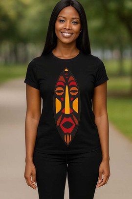 Masquerade Face Africa Print T-shirt pour femme – Affirmation culturelle audacieuse - Noir