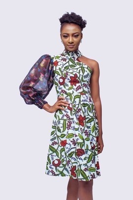 African Print One Shoulder Dress with Organza, Ankara Cocktail Dress, African Prom dress