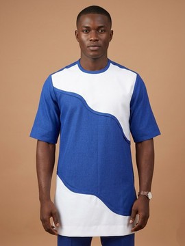 Ensemble sénateur africain moderne deux pièces bleu et blanc pour homme