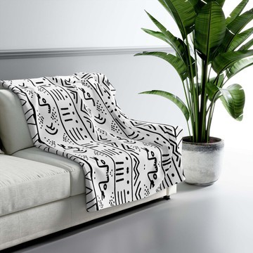 Tribal African Throw Blanket White and Black Print (MORE SIZES AVAILABLE)