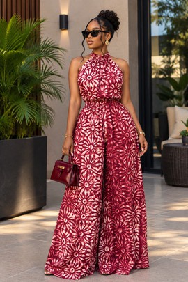 Women's Burgundy Ankara Print Halter Jumpsuit – Wide-Leg Sleeveless Occasion Jumpsuit
