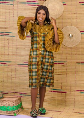 Button-front shirt dress with bell sleeves| Ankara Dress | Ankara Stylish Gown| Gifts For Her