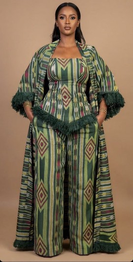 Emerald Green Patterned Three-Piece Ankara Aso Oke Kimono, Corset Top, and Pants Set
