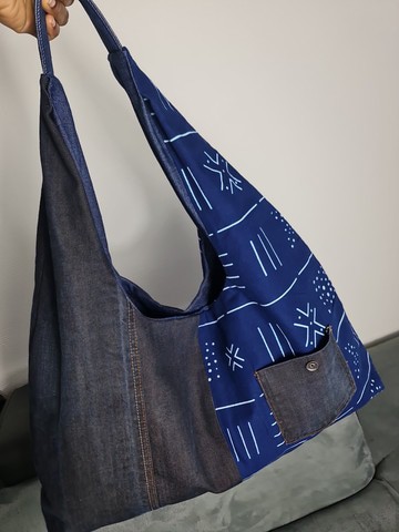 Sac cabas en wax et jeans recyclés
