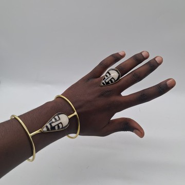 Handmade Brass Cuff Bracelet with African Mask Bone Centerpiece &amp; Matching Mask Ring Set
