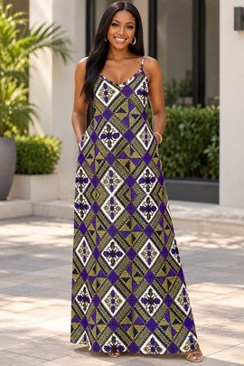 Élégante robe longue Ankara géométrique pour femme à col en V | Robe longue Ankara géométrique