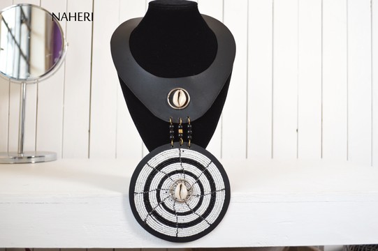 African beaded jewelry leather collar necklace with disc pendant