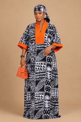 Black and White African Kaftan Gown with Orange Trim and Matching Headwrap