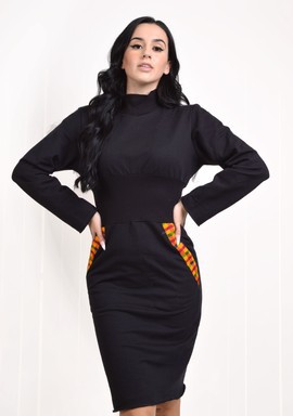 Black Knit Sweater Dress with Mock Turtleneck &amp; African Print Pocket Trim