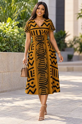 Robe midi à col en V et manches courtes pour femme en imprimé africain | Robe midi en imprimé africain | Bynelo