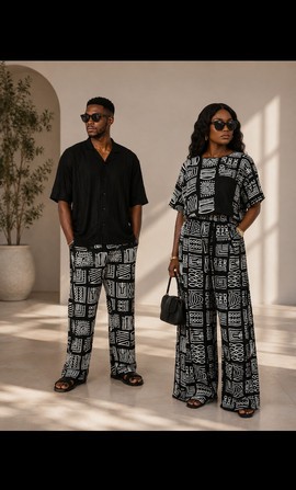 Tenues assorties pour couple en imprimé Ankara noir et blanc – ensembles deux pièces en coton pour lui et elle