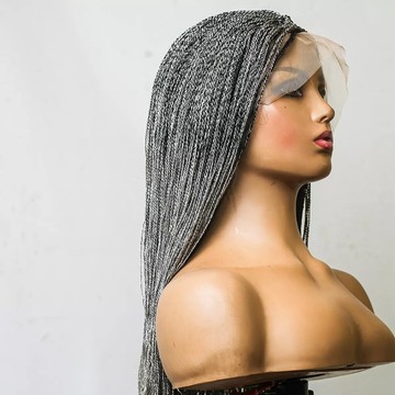Perruque pleine dentelle sel et poivre, micro twist 22 pouces