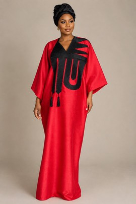 Red and Black Embroidered Kaftan Dress with Wide Sleeves