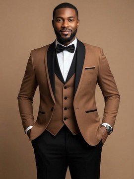 Costume trois pièces marron et noir avec revers châle pour smoking