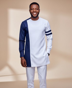 Men's Two-Tone Senator Outfit – White &amp; Navy Traditional Wear | Custom-Fit African Men's Clothing