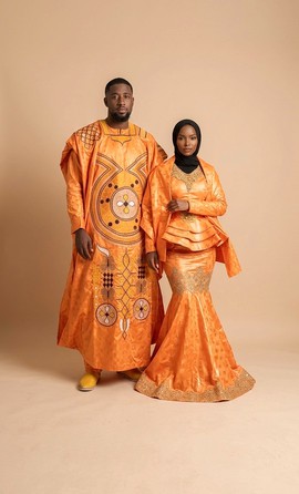 Luxury African Couple Guinea Brocade Wedding Outfit – Matching Traditional Bride and Groom Attire