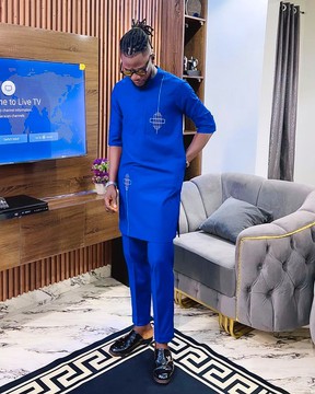Manuel Fashion Blue Kaftan with White Pocket Design