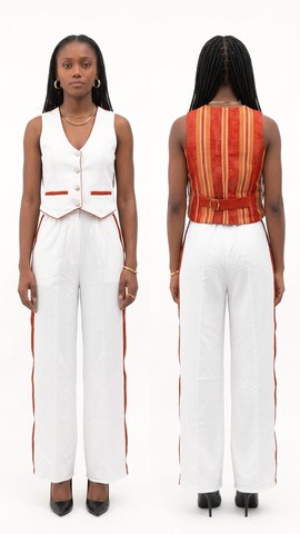 White &amp; Rust Handwoven Aso Oke Waistcoat and Trouser Set