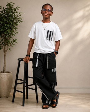 Boys' Aso-Oke Detail T-Shirt &amp; Cargo Pants Set – White Cotton Top with Black Striped Fringe Pants