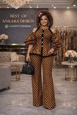 Ensemble pantalon de luxe à motif Ankara – Tenue élégante deux pièces avec haut péplum