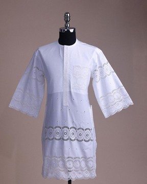 A bright white, Swiss patterned lace, front flap, 3/4 sleeve African senator kaftan native.