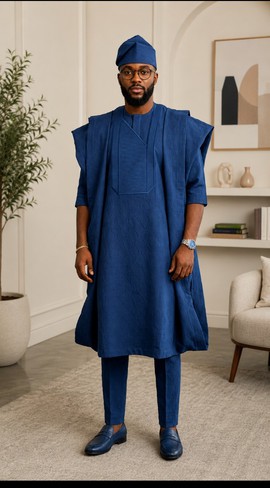 Agbada bleu marine pour homme avec plastron brodé – Ensemble nigérian traditionnel trois pièces