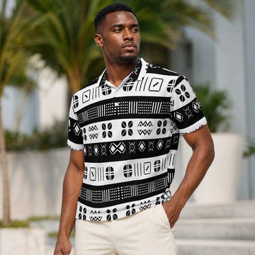 Adinkra Black and White Print Men's Heavyweight Polyester Polo Shirt | Adinkra Menswear