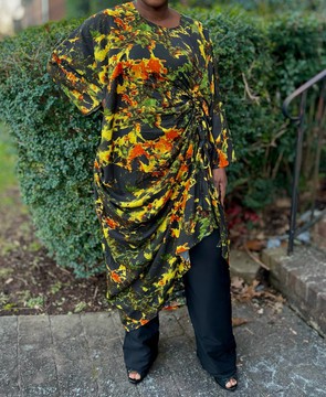 Abstract Print Two-Piece Set with Side Gather Top and Wide-Leg Pants